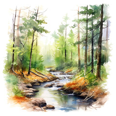 Obraz premium Watercolor forest creek clipart on a isolated background, green forest, transparent background png files