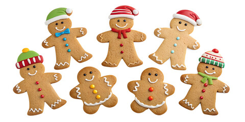 different funny cute gingerbread men isolated on transparent background

