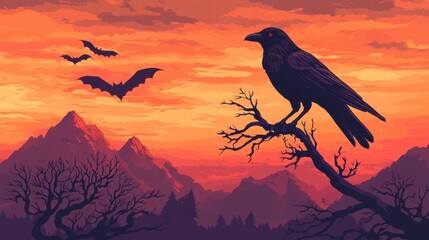 Fototapeta premium Raven Silhouette Against Mountain Sunset