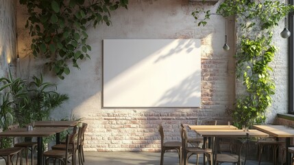 Blank canvas mockup in a trendy restaurant with exposed brick walls and lots of plants.