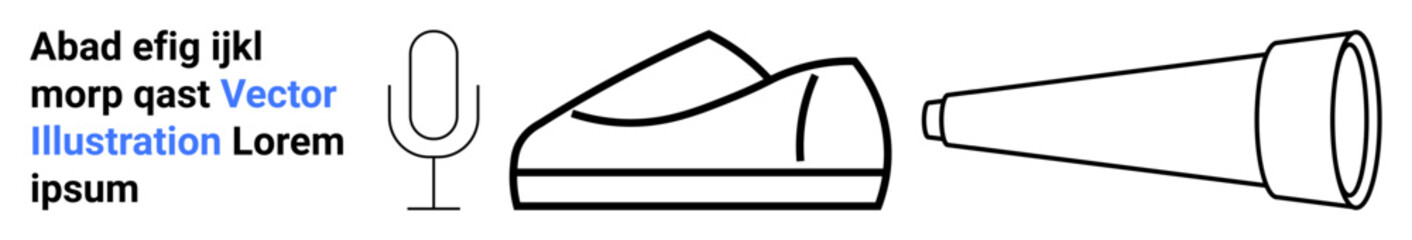 Microphone, shoe, and telescope in minimalist black outline. Bold and italic text near microphone. Ideal for graphic design, minimalism, upfront communication, technology, astronomy enthusiasts