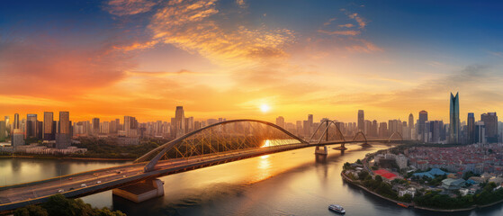 Obraz premium Majestic Sunset Over Urban Bridge Panorama