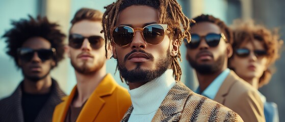 Obraz premium Diverse group of people with different ethnicities and fashion styles, standing together against an abstract background, creating a dynamic and modern atmosphere