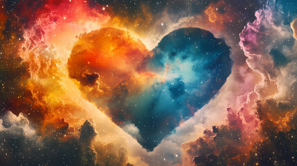 Obraz premium A glowing heart shape formed by cosmic clouds and stars in a nebula. Cosmic. Illustration