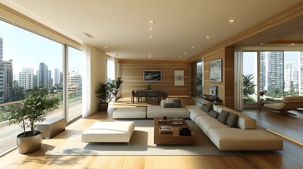 Fototapeta premium Light and airy living room, 3D rendered, clean aesthetic, simple decor, natural sunlight, cozy atmosphere