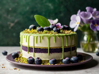 Cake with blueberries and flower