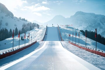 Sunlit ski jump ramp in snowy mountains