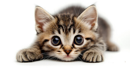 Fototapeta premium Cute tabby kitten with large eyes, crouched on a white background, staring directly forward with a playful, curious expression. 