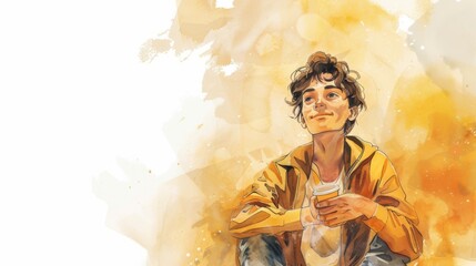 Fototapeta premium Cheerful Young Person Enjoying a Warm Drink in Nature