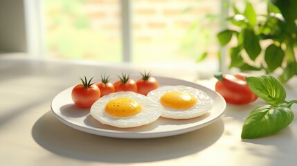 Close up of round fried eggs accompanied by fresh tomatoes on a white plate perfect for breakfast or brunch gatherings