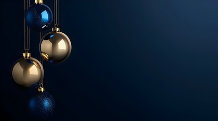 Golden and Blue Christmas Ornaments Hanging Against a Dark Blue Background