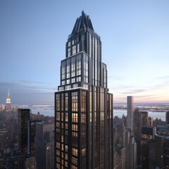 Tall modern skyscraper with a pointed roof against a blue sky and city skyline.