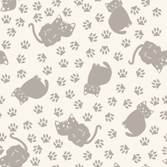 Cat and paw neutral seamless vector pattern background. Backdrop with silhouettes of sitting and lying down cats in a scattered layout. Ecru beige animal repeat for feline and pet products or blog.