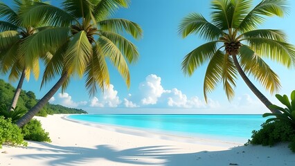 Obraz premium A tropical beach scene with palm trees and the ocean backdrop