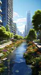 Fototapeta premium Urban Oasis: Green Canal in Modern Cityscape