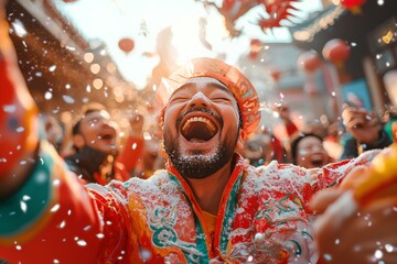 Fototapeta premium Joyful Celebration with Man in Traditional Costume During Chinese New Year Festival with Falling Confetti