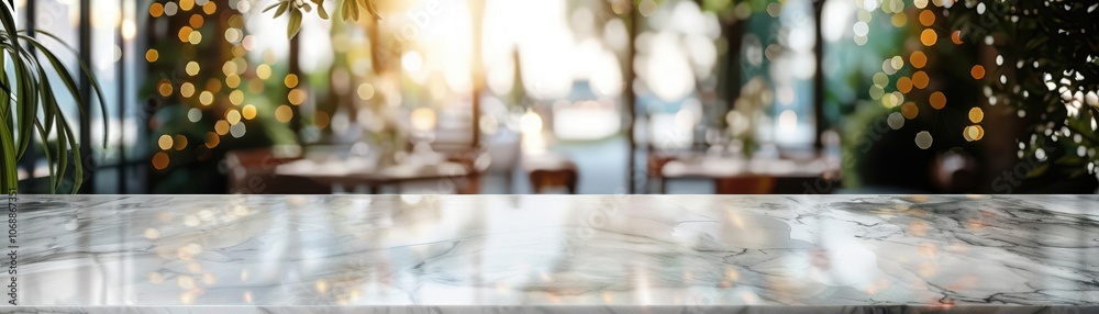 Poster elegant marble countertop with soothing bokeh lights in the background, perfect for showcasing food 