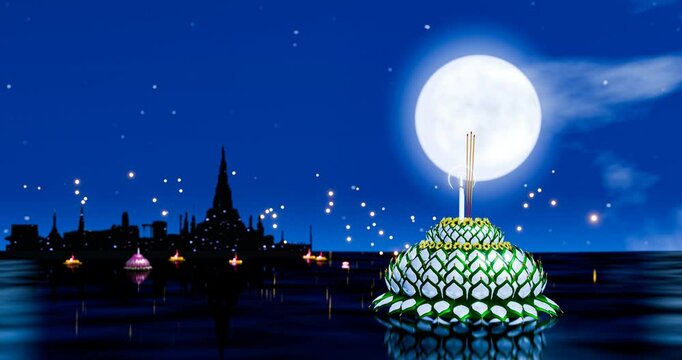 Loy Krathong Festival. A water festival in Thailand on the full moon night, the 15th day of the 12th lunar month. Continuing the traditions of culture since ancient times. 3D Rendering