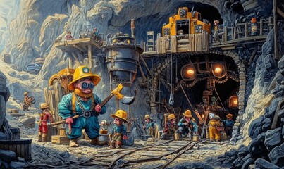 Fototapeta premium Miners work outside a mine shaft.