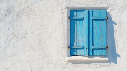 Fototapeta premium Blue Shutters on White Wall in Sunlight