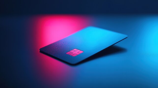 Illuminated credit card with red and blue neon lights.