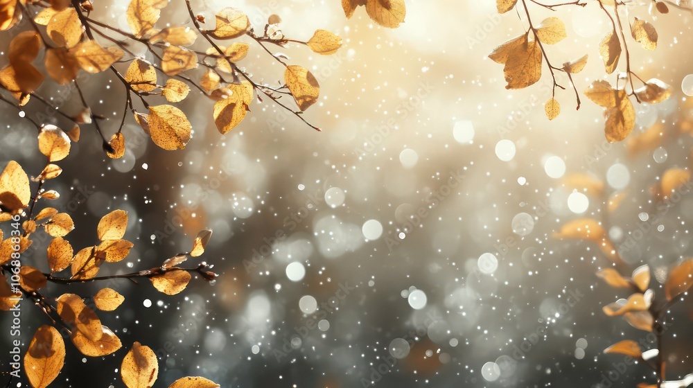 Poster a serene autumn scene with golden leaves and soft bokeh, evoking a tranquil atmosphere.