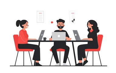 Three young professionals sitting at a table in an office, engaging in conversation while working on laptops, minimal design with simple shapes, white background