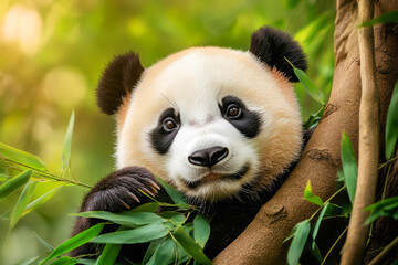 Panda curiously observes its surroundings while relaxing in a lush green environment filled with bamboo