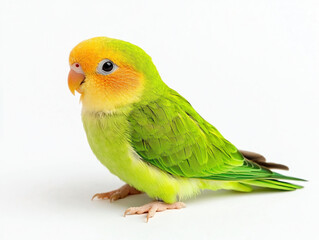 vibrant green parrot with orange face and soft feathers, showcasing its playful nature. This charming bird stands on white background, highlighting its colorful plumage