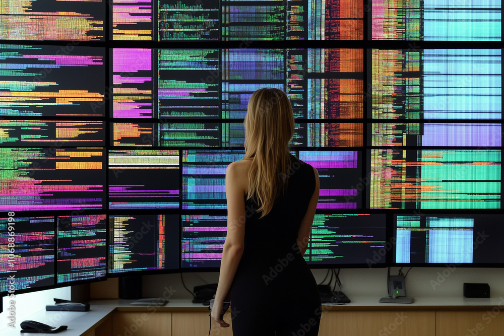 Wall mural a female it professional with their back to the viewer observing the large amount of computer monito
