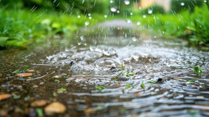 Fototapeta premium Raindrops create ripples on a wet path surrounded by lush green grass, capturing the serene beauty of nature during a rainy day.