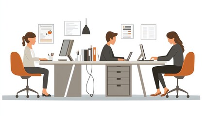 Young professionals working together in an open office space, flat design with simple shapes and minimalistic details, white background for a fresh and modern aesthetic