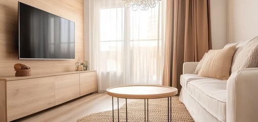 A cozy and modern living room featuring a comfortable sofa, minimalist coffee table, and a large television. Natural light filters through sheer curtains, creating a warm ambiance.