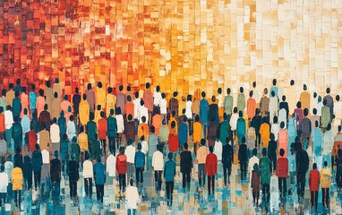 A crowd of people from various ethnicities in different clothing styles, with an abstract background, vibrant and inclusive design for a modern look