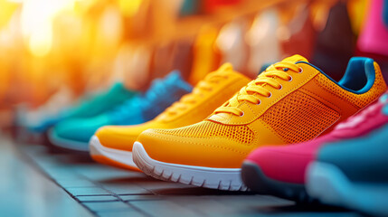 Explore vibrant footwear trends with stunning yellow running shoes in a colorful display for active lifestyle enthusiasts