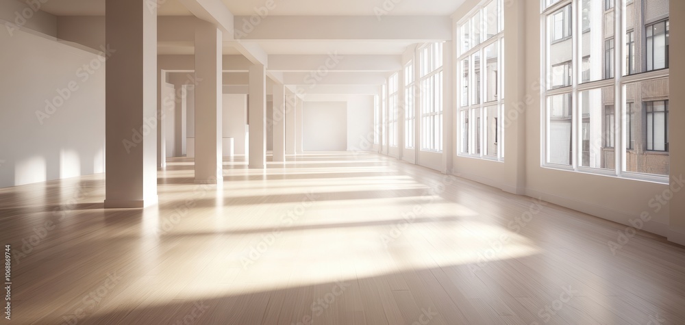 Aufkleber Spacious empty room with large windows, allowing soft natural light to flood the area, highlighting the wooden floor and minimalist design.