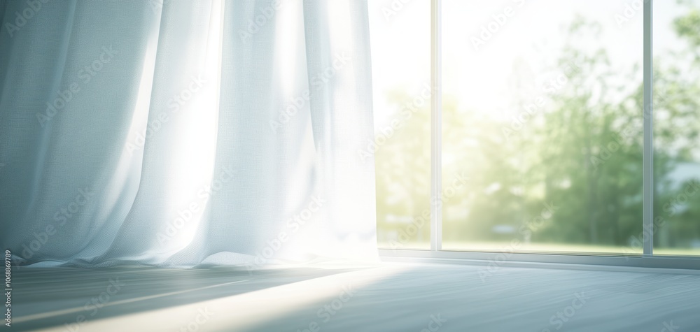 Aufkleber Soft sunlight illuminating sheer curtains in a serene indoor environment, creating a tranquil and airy atmosphere.