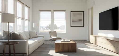 Modern living room interior featuring a comfortable sofa, stylish furniture, and large windows creating a bright and airy ambiance.