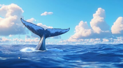 Fototapeta premium Humpback whale tail fluke descending into deep blue ocean waters capturing the majestic marine life