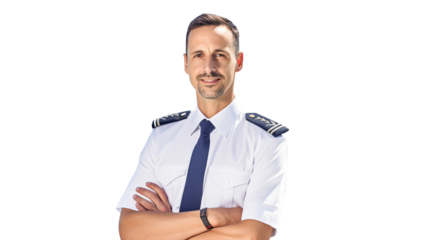 Portrait of smiling young adult male airplane pilot, wearing airplane pilot uniform standing on transparent background PNG. 
