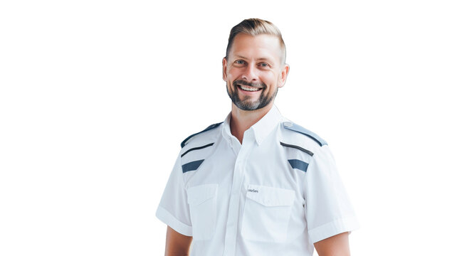 Portrait of smiling male train driver posing on transparent background PNG. 
