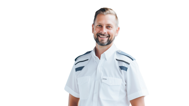 Portrait of smiling male train driver posing on transparent background PNG.