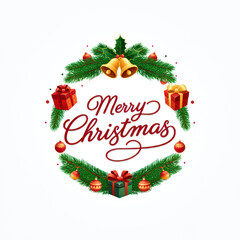 Merry Christmas Banner on white background with gift boxes, ribbons, decoration