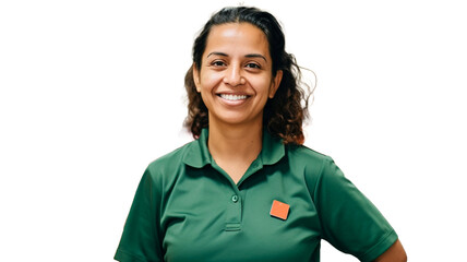 A smiling latin female supermarket employee stands on transparent background PNG.