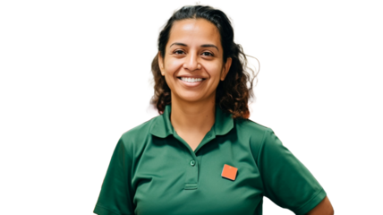 A smiling latin female supermarket employee stands on transparent background PNG. 


