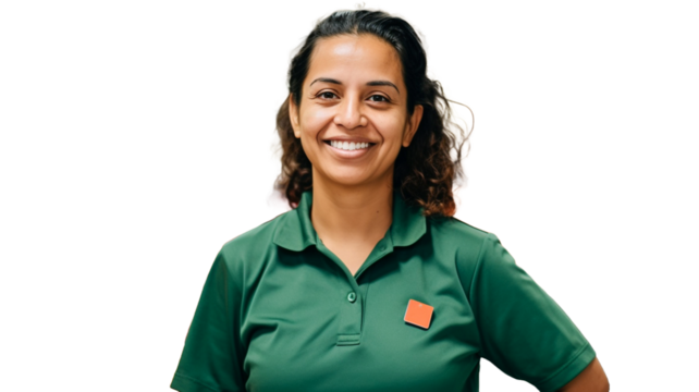 A smiling latin female supermarket employee stands on transparent background PNG.
- Powered by Adobe