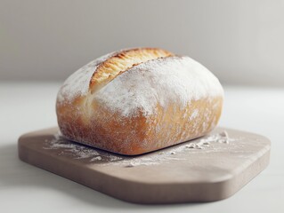 Rustic loaf of bread with flour dusting on wooden board