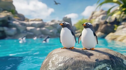 Fototapeta premium Three penguins perched on a rock gazing intently at a vibrant blue body of water wildlife observation animal behavior