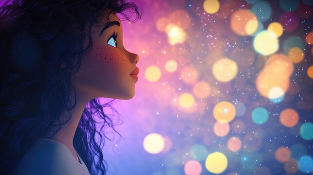 Bokeh portrait of a person with long curly hair gazing at the stars capturing a moment of wonder and inspiration for aspiring Earth stewards