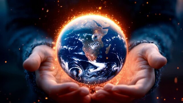 Una c&aacute;mara fija capta un primer plano de unas manos que sostienen suavemente una Tierra resplandeciente con un halo c&aacute;lido. La Tierra gira lentamente dentro de las manos, revelando continentes